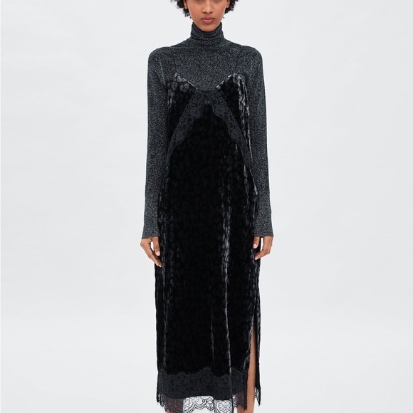 ZARA ~ Velvet black | gray with lace trim dress - Picture 6 of 8